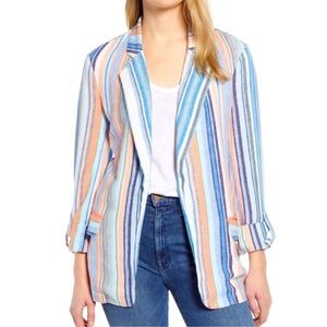 Caslon Multi-Color Vertical Striped Linen Blend Open Front Blazer